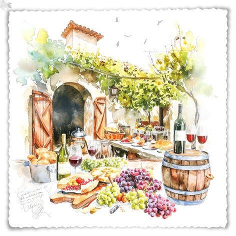 Illustration of an outdoor wine tasting scene with food and wine bottles.