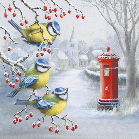 Three birds perched on a branch with red berries in a snowy village scene featuring a red postbox.