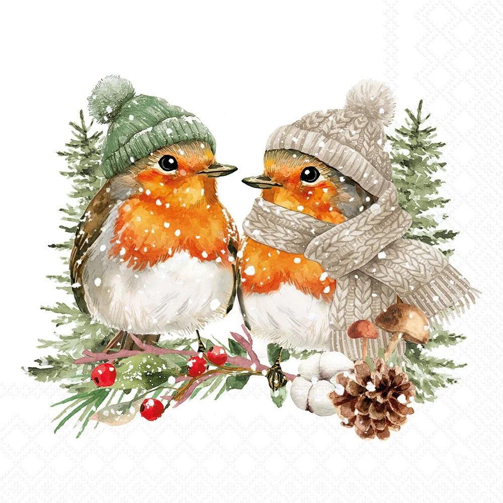 A watercolor-style holiday illustration of two small birds wearing knit winter hats and scarves, standing among evergreen branches, berries, pinecones, and mushrooms on a white background.