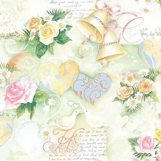 Decorative pattern with flowers, hearts, and a bell on a light green background.