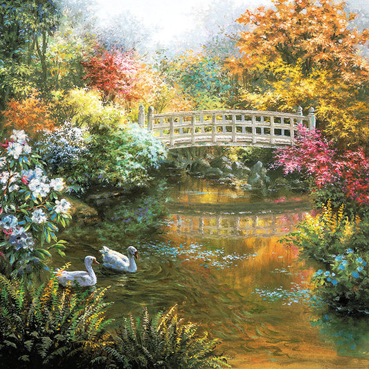 Painting of a garden scene with a bridge, flowers, and swans.