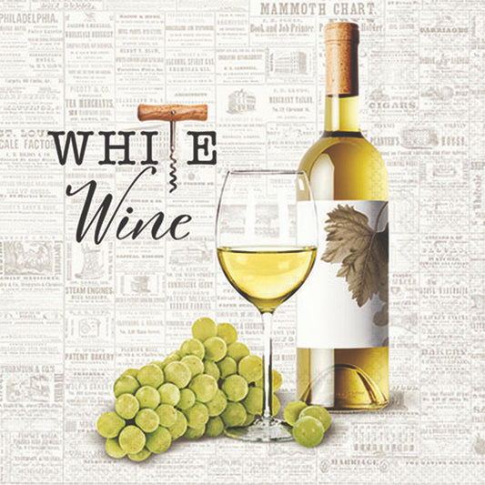 Bottle of white wine, glass, and grapes on a textured background with 'White Wine' text.