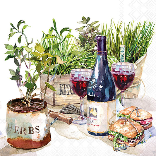 Illustration of a table with herbs, wine, and sandwiches on a white background