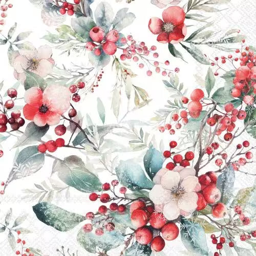 Winter floral pattern with red berries, soft flowers, frosted leaves, and delicate greenery.