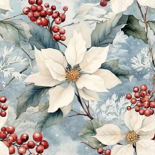 White poinsettia flowers with red berries, green leaves, and a soft snowy winter background.