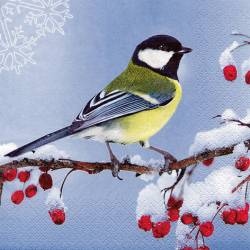 A winter scene showing a small bird perched on a snow-covered branch with red berries against a pale blue background with faint snowflake motifs.