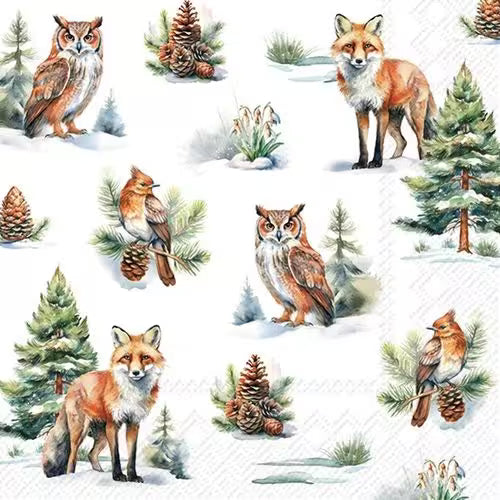 Winter wildlife pattern with foxes, owls, birds, pine trees, pinecones, and snow.