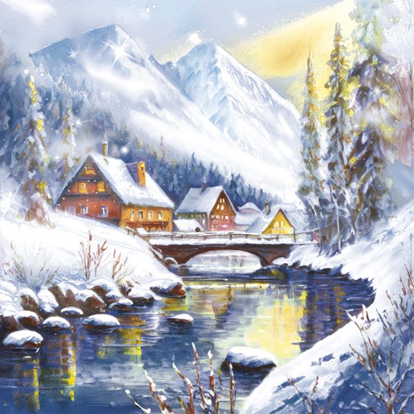 Winter scene with snow-covered houses, bridge, and mountains.