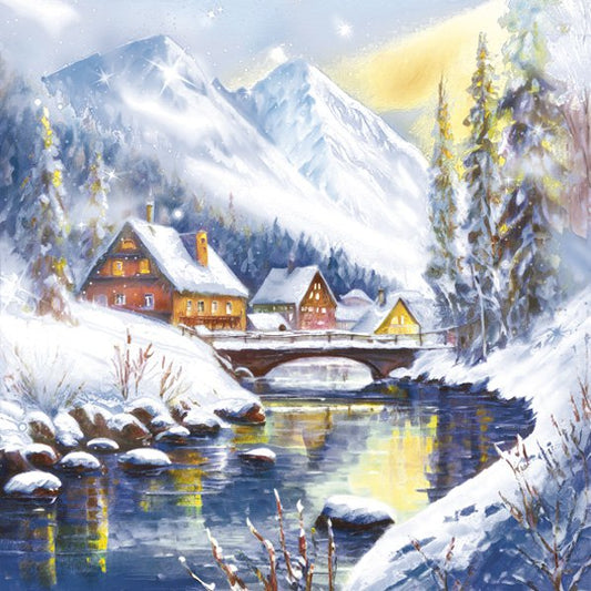 Winter scene with snow-covered houses, bridge, and mountains.