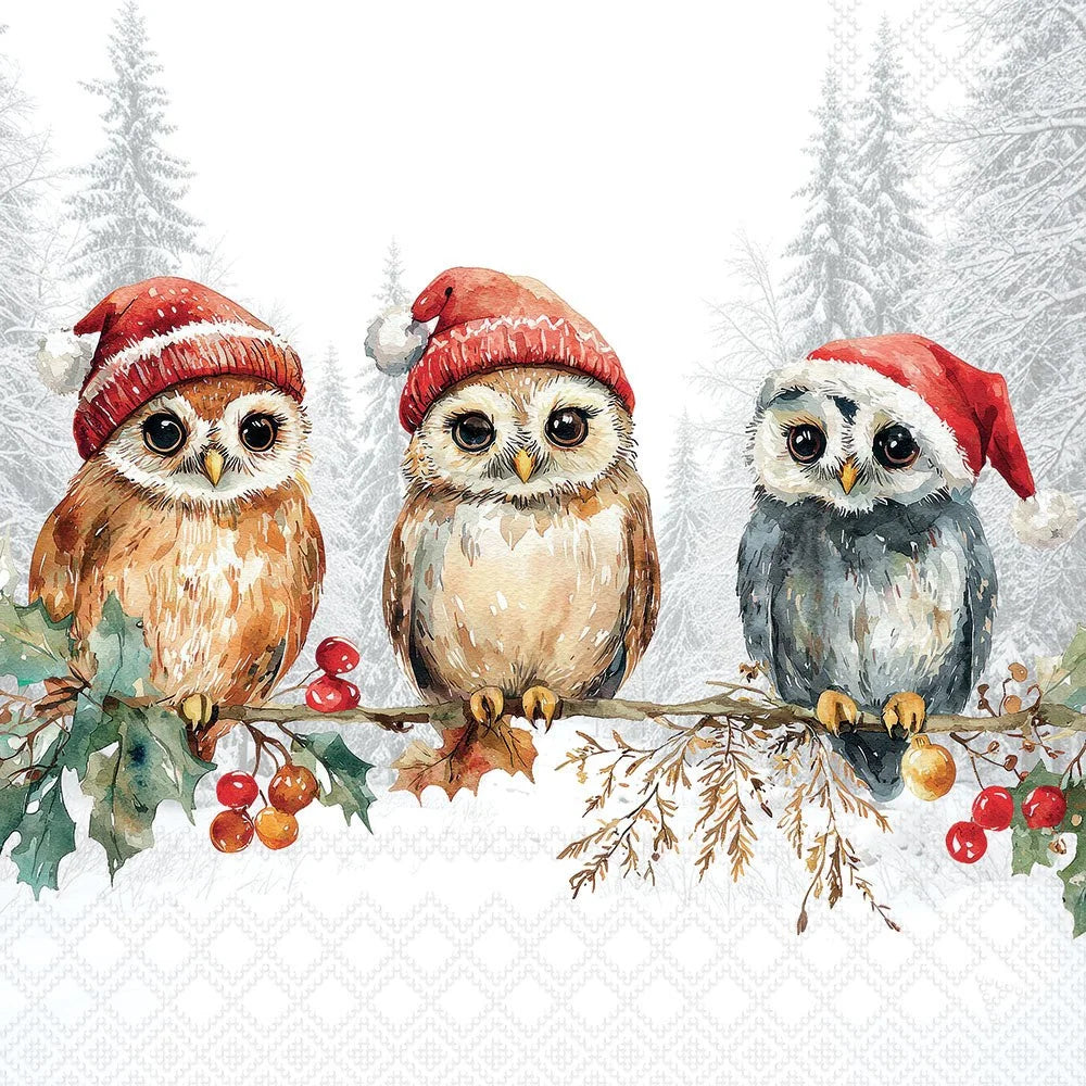 Three cute watercolor owls wearing red Santa hats sit on a decorated branch with holly and berries against a snowy forest background.