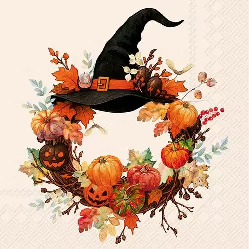 A Halloween wreath with pumpkins, autumn leaves, a black witch hat, and small jack-o’-lanterns.
