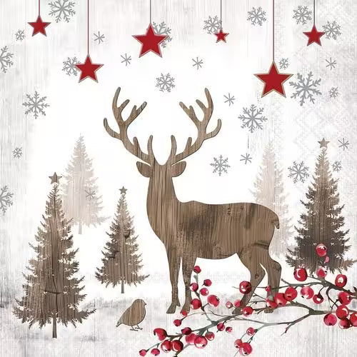 A wooden-style deer in a snowy forest scene with red berries, hanging red stars, and snowflakes.