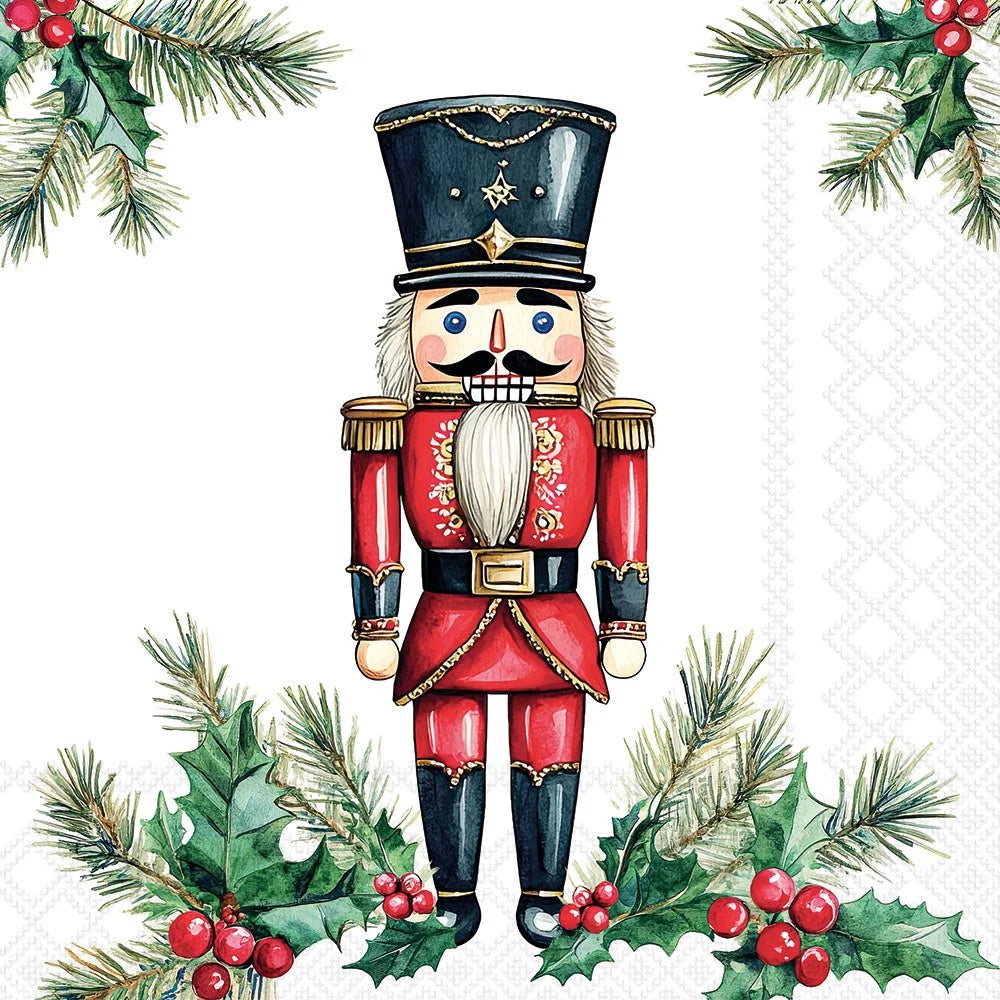 A festive illustrated nutcracker soldier centered on a white patterned background, framed by holly leaves, pine branches, and red berries in the corners.