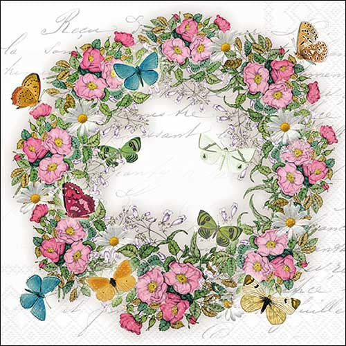 Floral wreath with pink flowers and butterflies on a white background