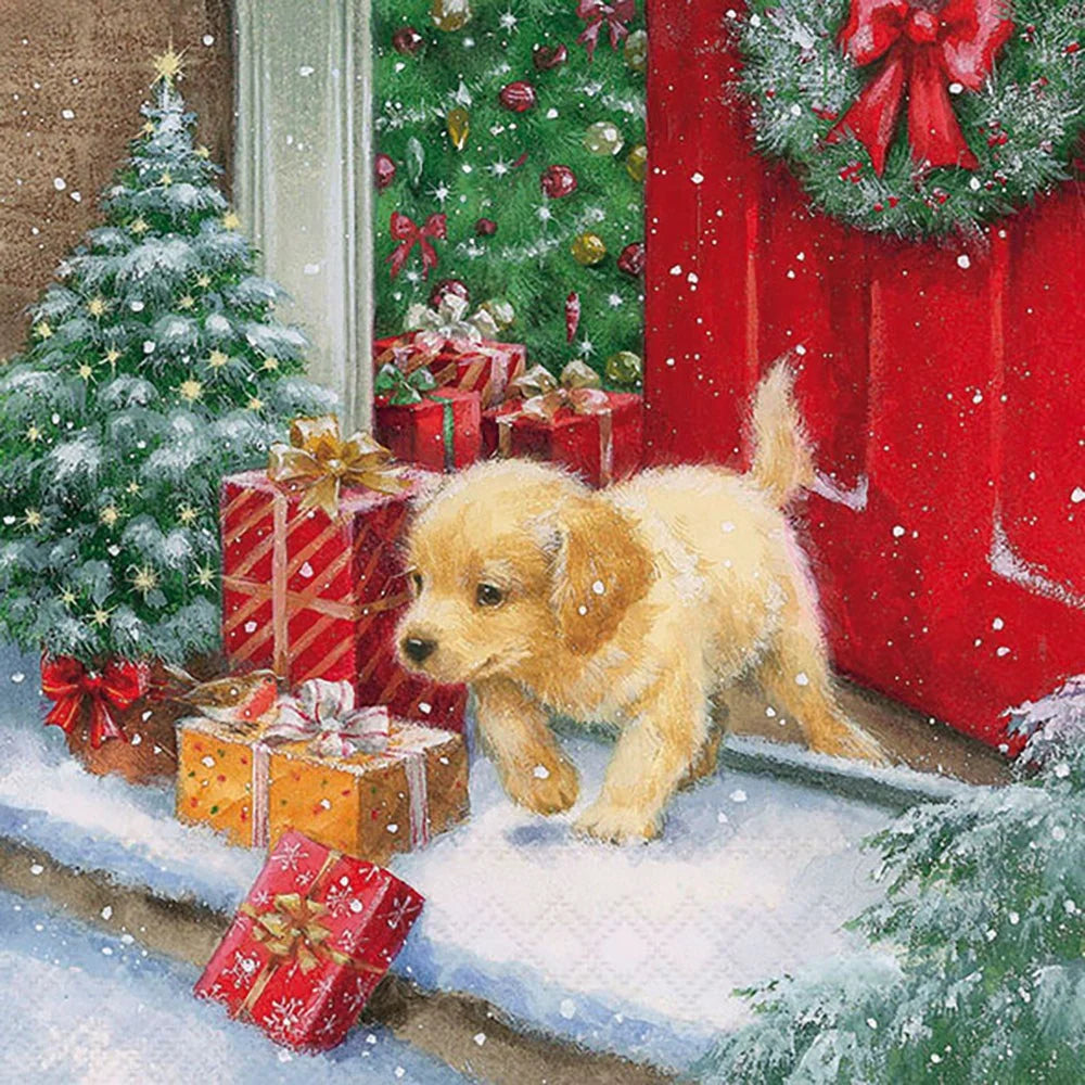 A festive Christmas scene with a small golden puppy standing on a snowy porch beside wrapped presents, a decorated Christmas tree, a red door with a wreath, and falling snow. 