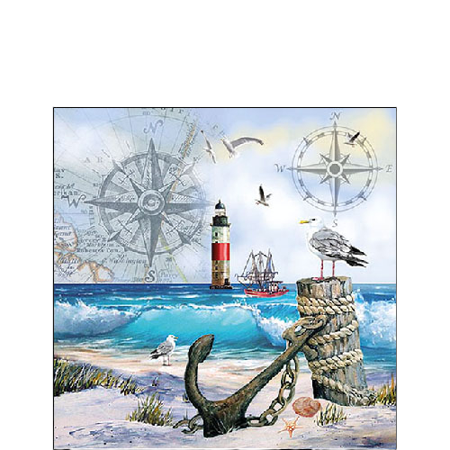 Nautical scene with lighthouse, ship, anchor, and seagulls on a beach.
