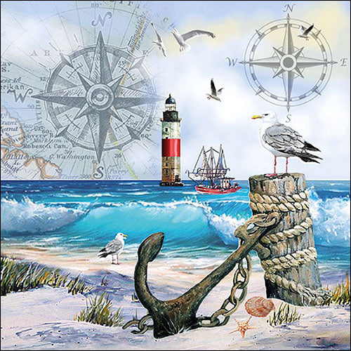 Nautical scene with anchor, lighthouse, ship, and seagulls on a beach.