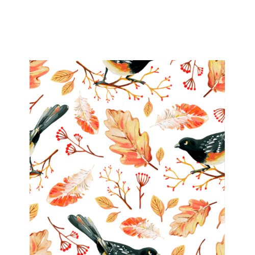 Pattern of birds and autumn leaves on a white background