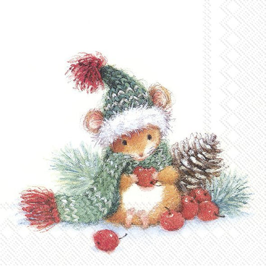 Illustration of a winter-themed mouse with a green hat and scarf, surrounded by pine cones and red berries.