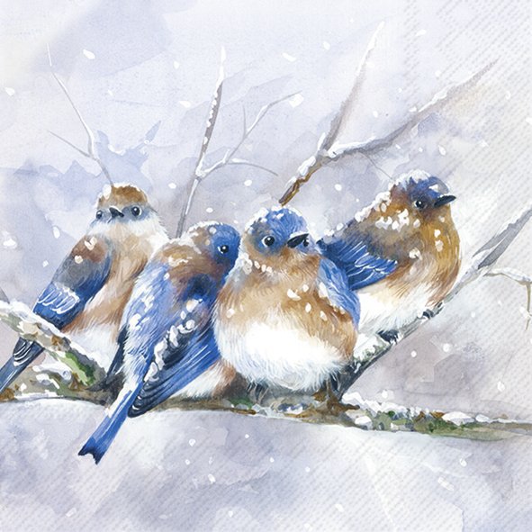Four birds perched on a branch in a snowy landscape