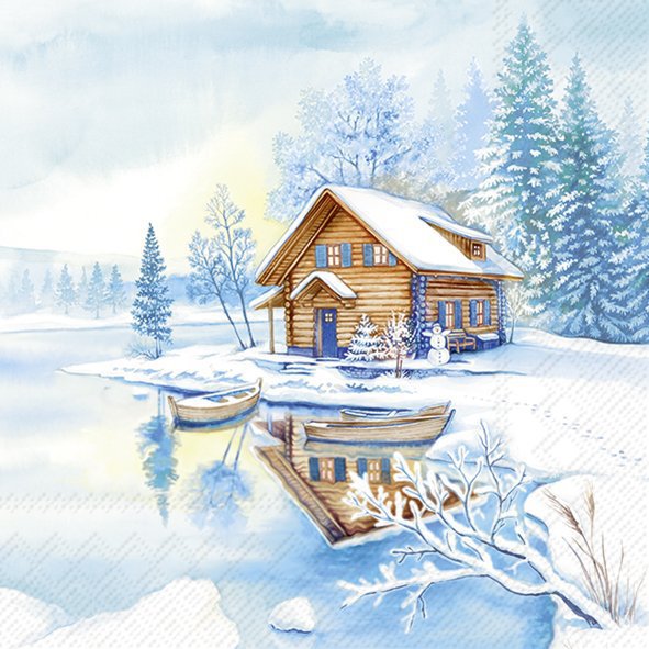 Winter scene with a wooden cabin by a lake, surrounded by snow-covered trees.