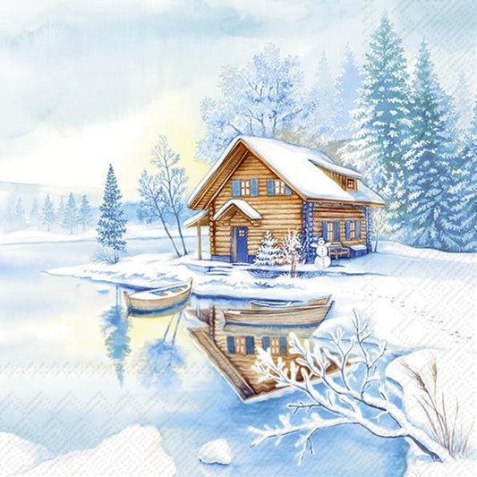 Winter scene with a wooden cabin by a lake, surrounded by snow-covered trees.