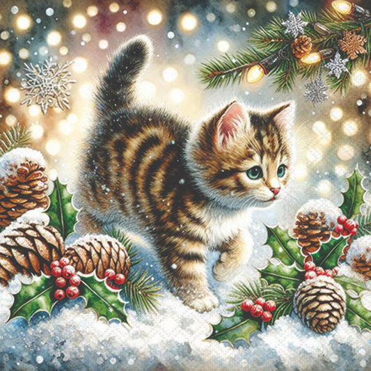 Illustration of a kitten surrounded by Christmas elements like pine cones, holly, and snowflakes.