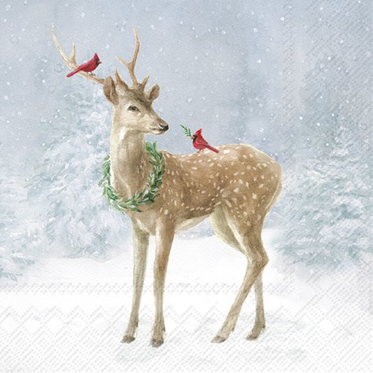 Deer with a wreath and red birds on a snowy background