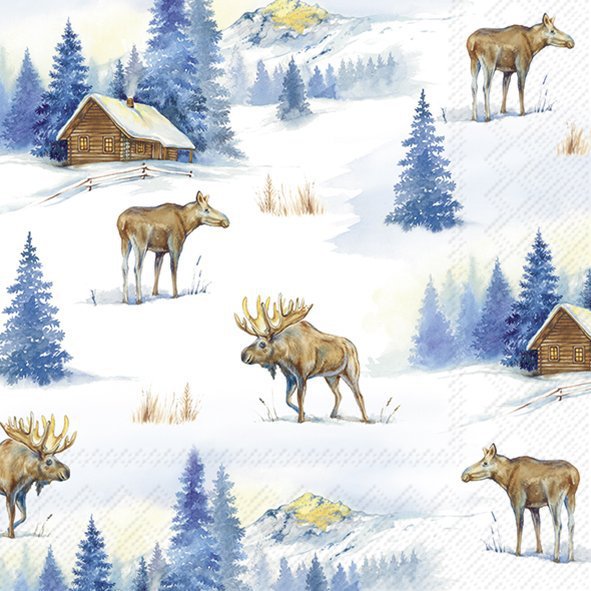 Pattern of moose and cabins in a snowy landscape with evergreen trees.