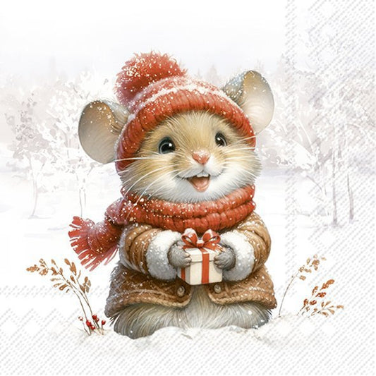 Illustration of a mouse wearing winter clothing holding a gift box on a snowy background