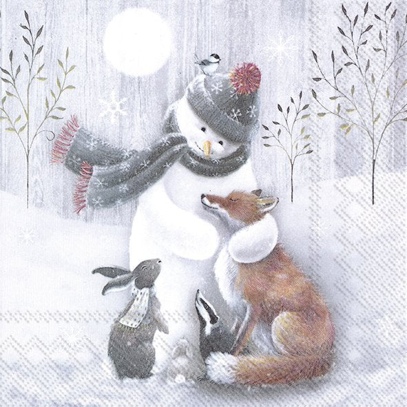 Snowman with a fox and birds in a snowy scene