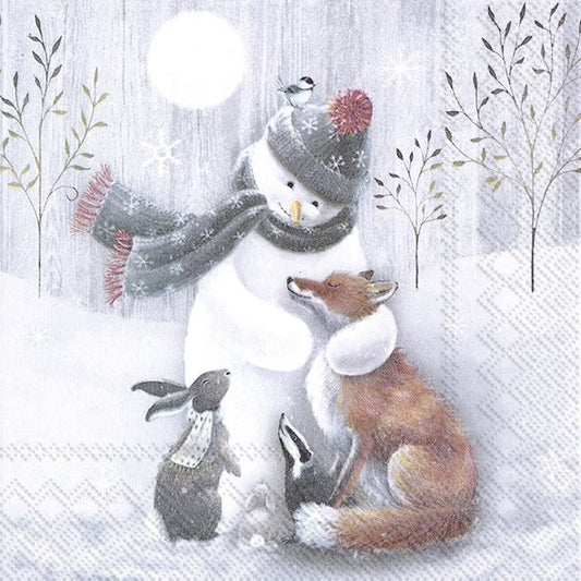 Snowman with a fox and birds in a snowy scene