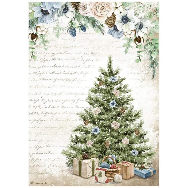 Romantic Cozy Winter Blue Tree  - Rice paper A4