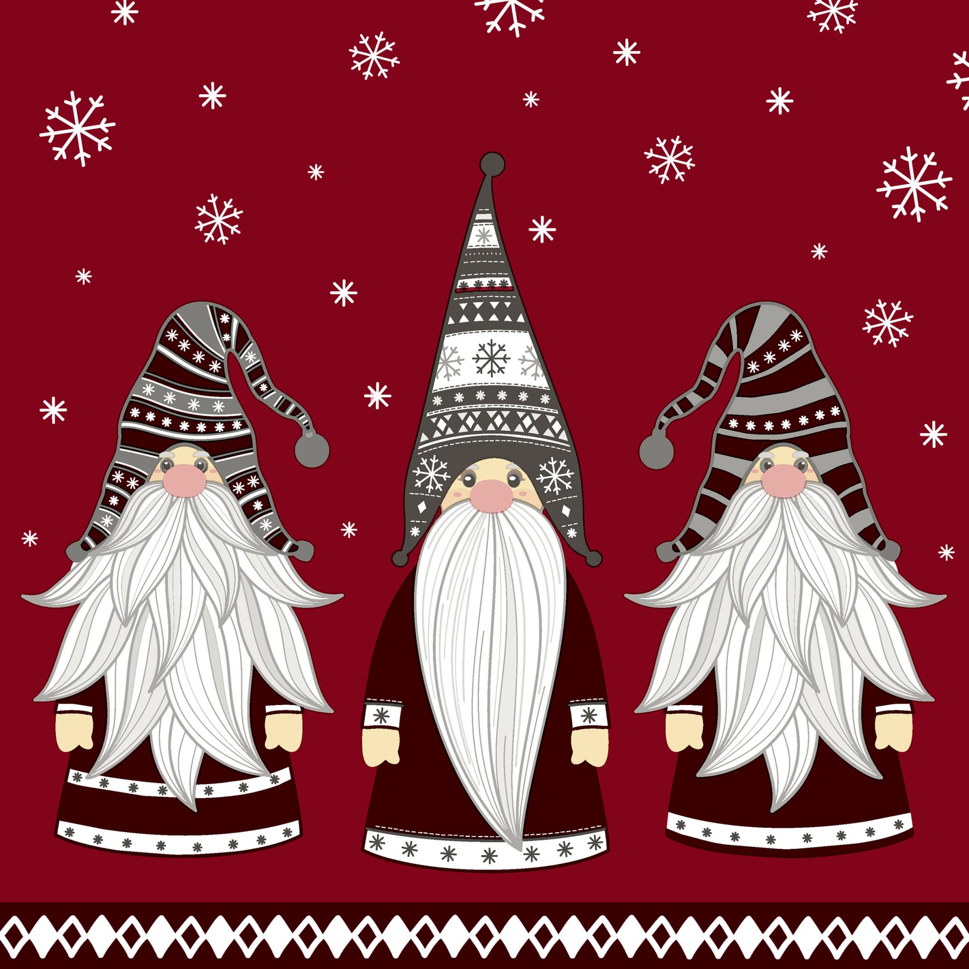 Three cartoon gnomes with white beards on a red background with snowflakes