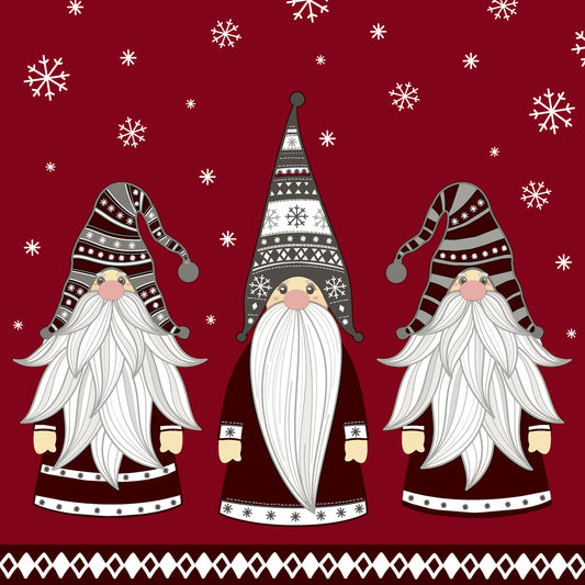 Three cartoon gnomes with white beards on a red background with snowflakes