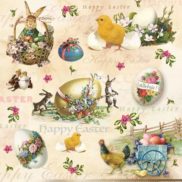 Vintage-style Easter illustration with eggs, bunnies, and chicks on a light background.