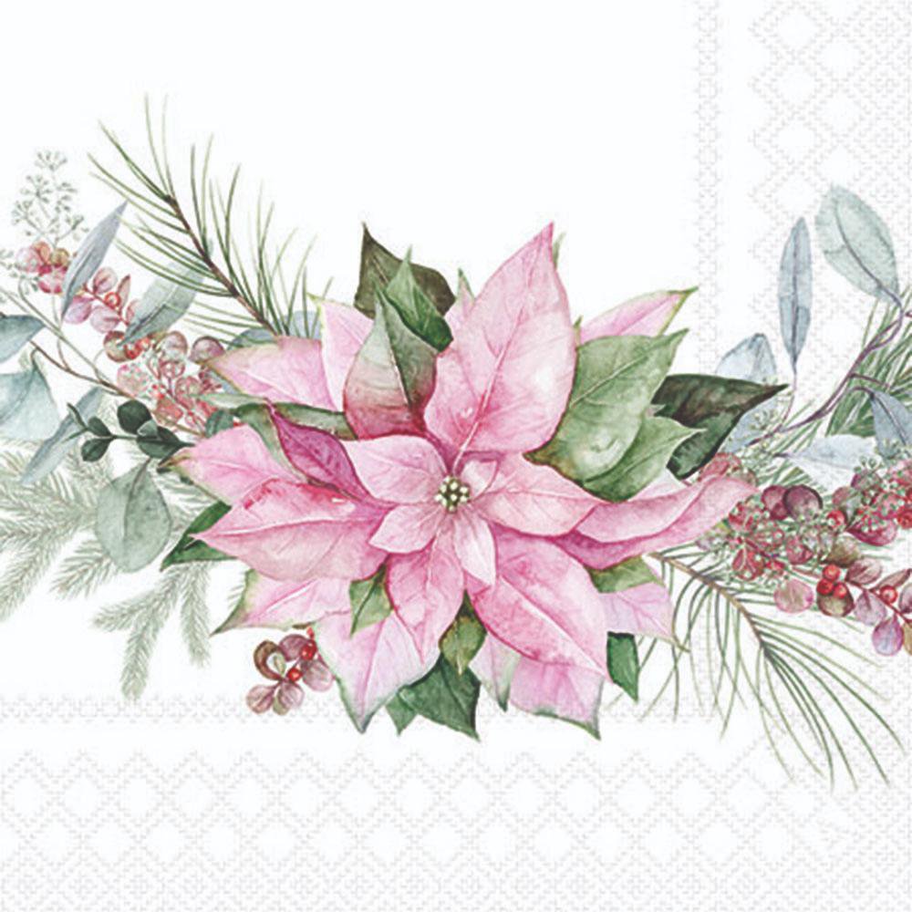 Decorative paper napkin with pink poinsettias and greenery on a white background