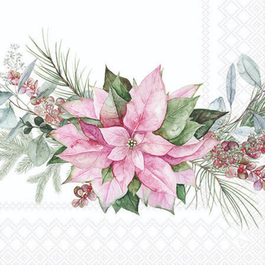 Decorative paper napkin with pink poinsettias and greenery on a white background