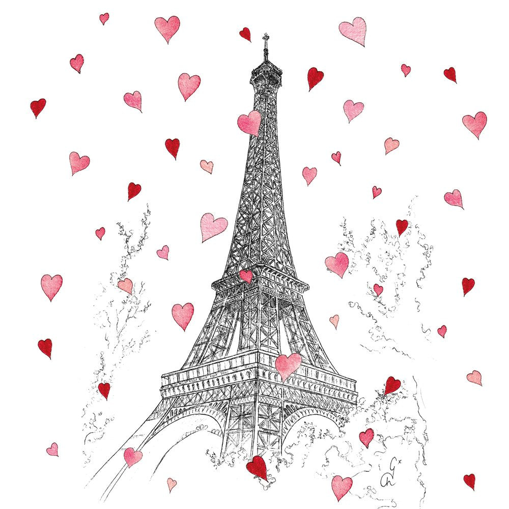 Black and white illustration of the Eiffel Tower with pink hearts around it on a white background.