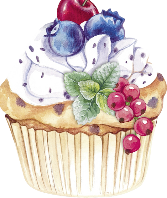 Illustration of a cupcake with berries and cream on a white background
