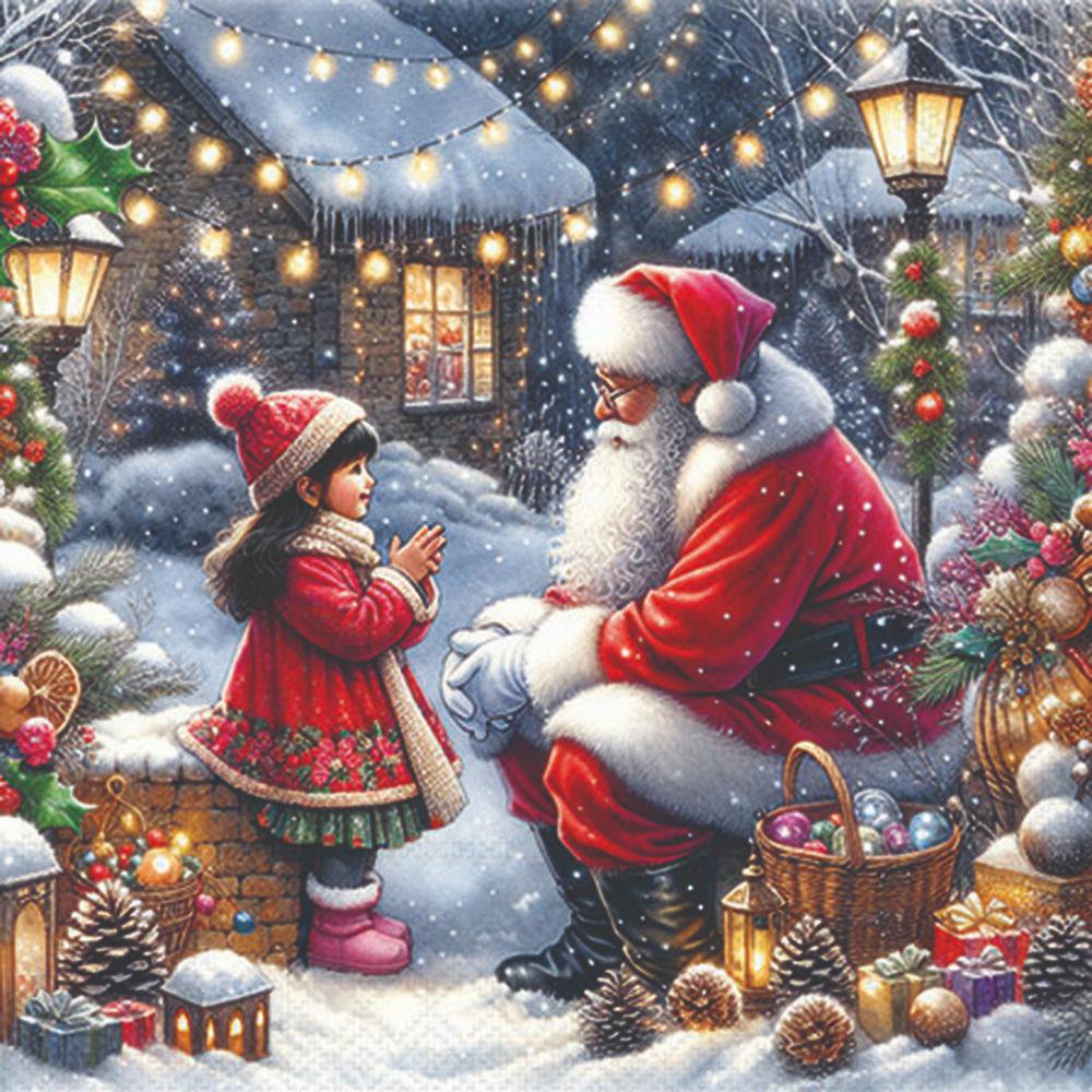 Illustration of Santa Claus and a child in a snowy village with Christmas decorations.