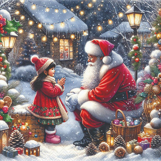 Illustration of Santa Claus and a child in a snowy village with Christmas decorations.