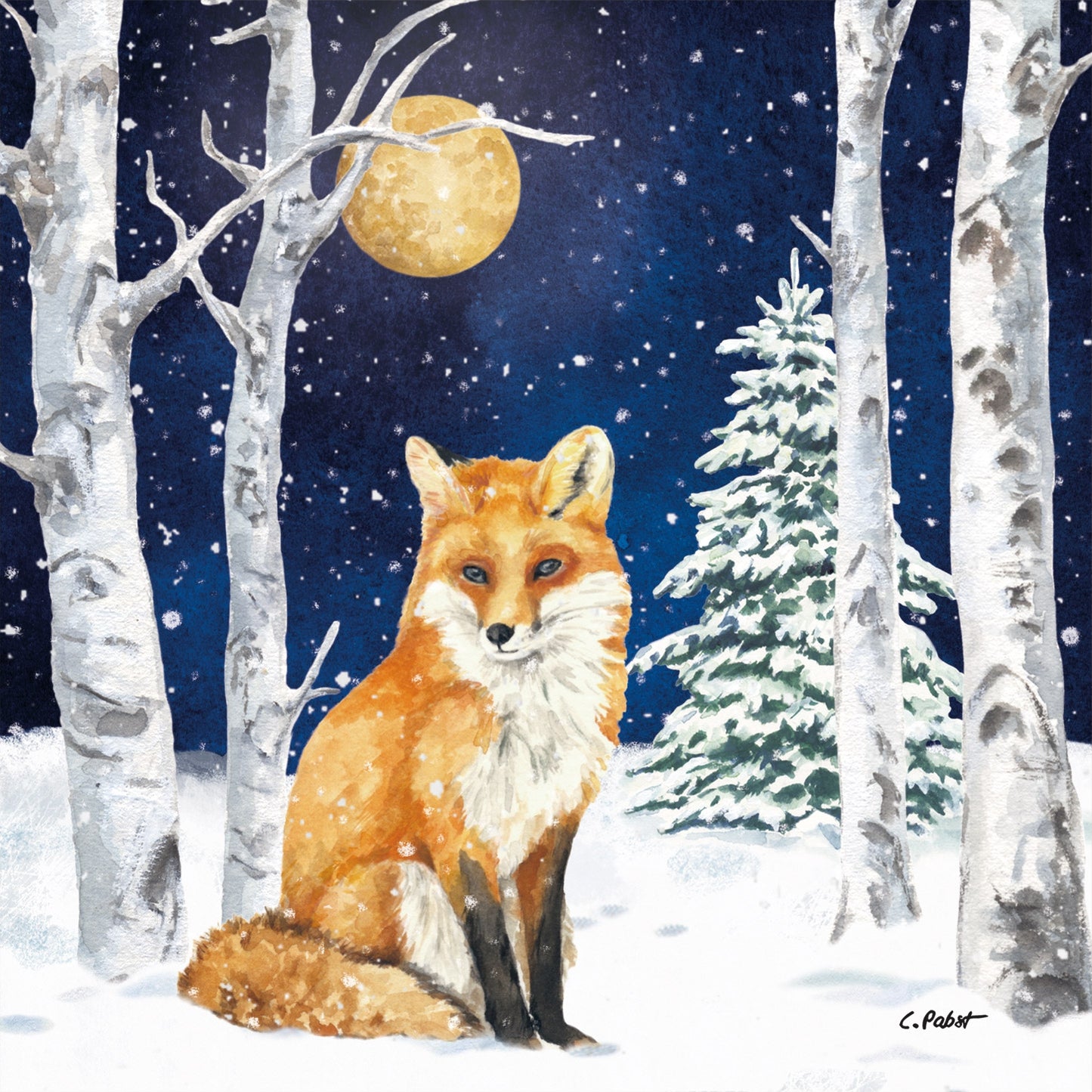 Fox in a snowy forest with birch trees and a full moon