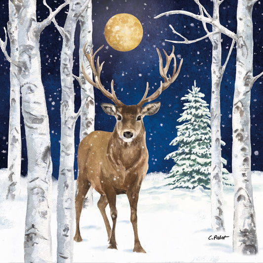 Deer in a snowy forest with birch trees and a full moon