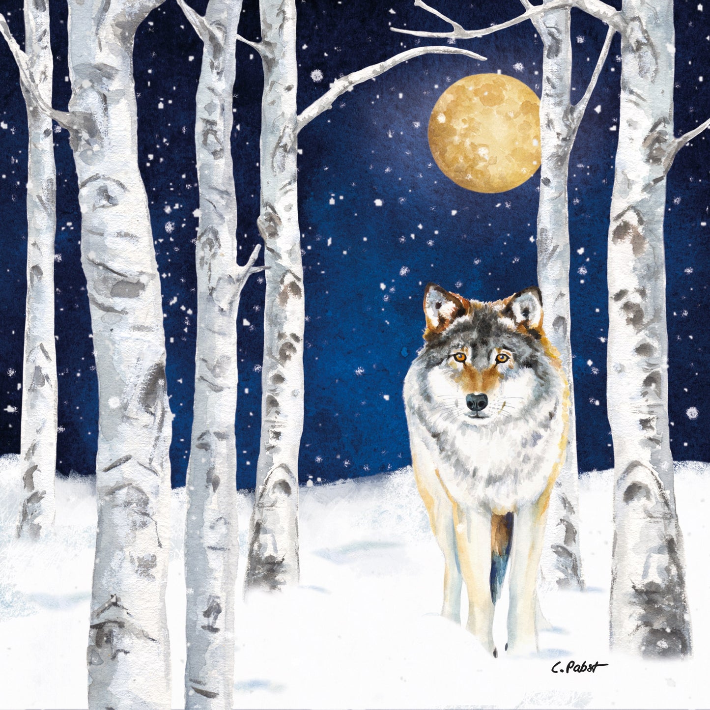 Wolf standing in a snowy forest with birch trees and a full moon in the background