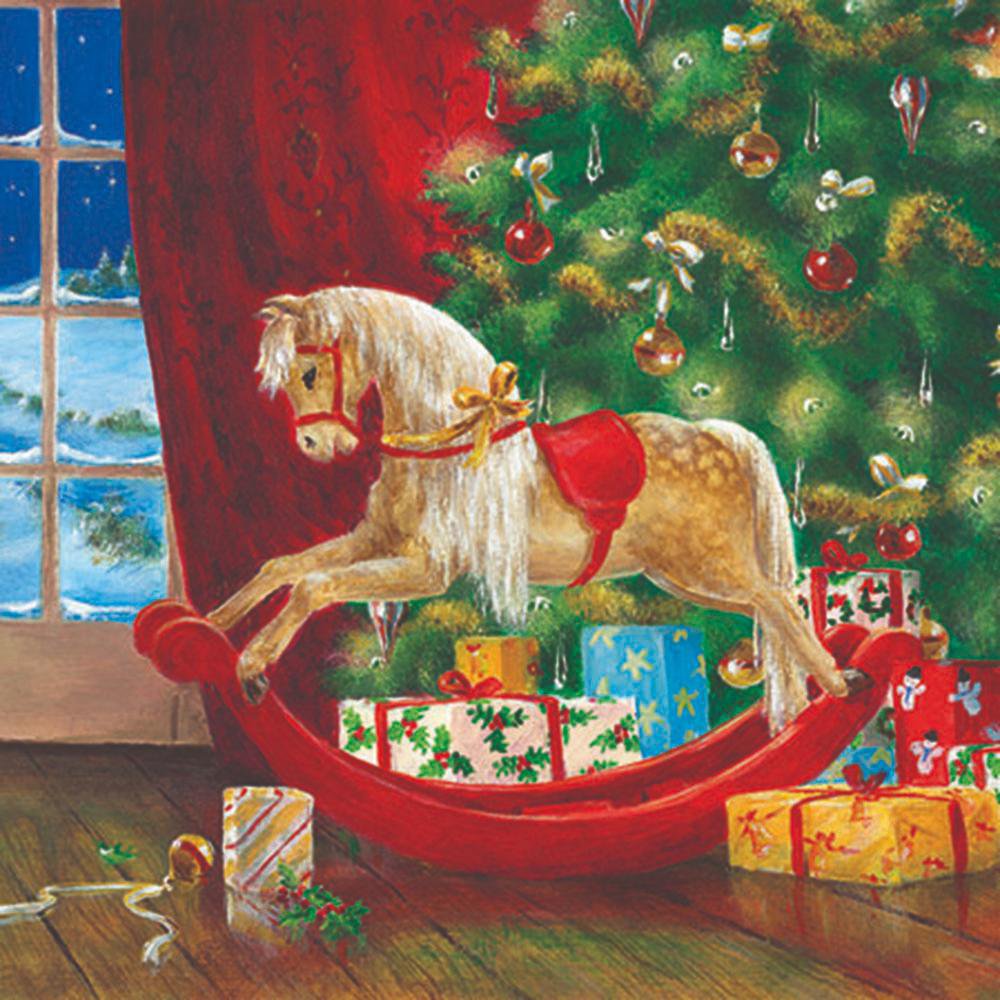 Rocking horse by a Christmas tree with gifts and snow outside.